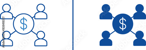 Financial Network and Money Distribution Icon: People Connected to Dollar Sign for Investment and Wealth