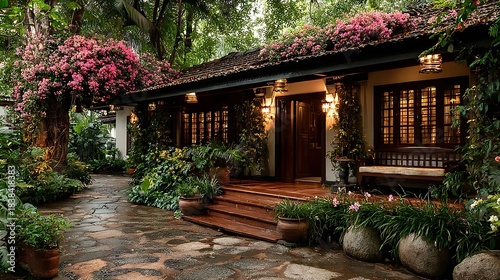 Beautiful countryside house with colorful plants high resolution picture