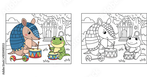 Cute cartoon armadillo and frog playing drums together. Vector illustration of funny animals making music near a treehouse, isolated on white background.