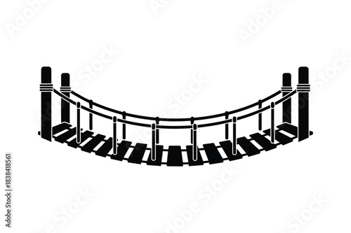 A wooden suspension rope bridge silhouette vector art illustration