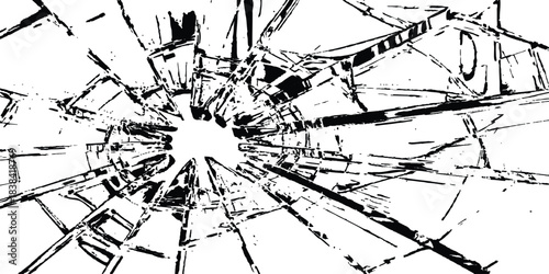 Cracked glass backgrounds cracked broken. Glass pieces scattered on clean white surface background. Glass window displaying an abstract pattern of destruction, with sharp cracks. 