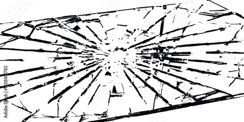 Cracked glass backgrounds cracked broken. Glass pieces scattered on clean white surface background. Glass window displaying an abstract pattern of destruction, with sharp cracks. 