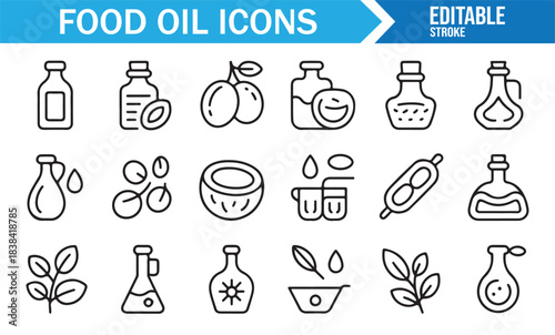 Editable Stroke Vector Icons of Natural Food Oils Including Olive, Coconut, Seeds, and Herbal Extracts