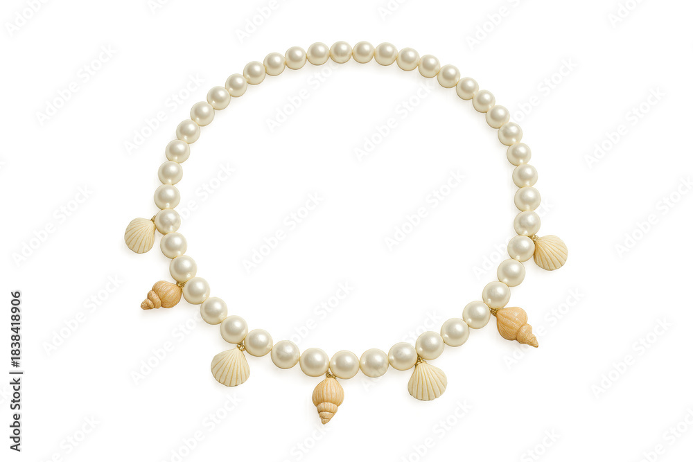 Obraz premium Elegant pearl and seashell necklace, perfect for summer, isolated on transparent background