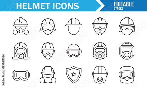 Vector Icon Set of Head Protection Gear Featuring Helmets, Masks, Goggles, and Industrial Tools