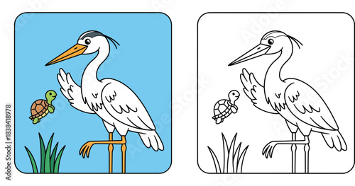 Cute cartoon heron and turtle characters interacting. Vector illustration of a white wading bird and small tortoise playing in a pond with blue background.