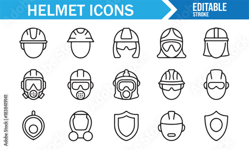 Safety Equipment Line Art Set Featuring Hardhats, Gas Masks, Goggles, Shields, and Protective Symbols