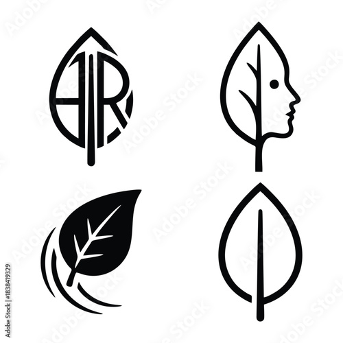 Nature and Leaf Logo Set: Minimalist Vector Icons Featuring Botanical Monograms and Human Profile Silhouette