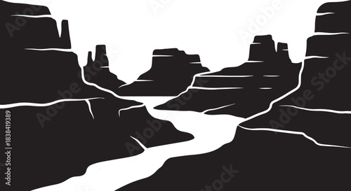 black silhouette of canyon rock formations on white background, vector