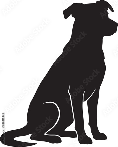 black silhouette of dog sitting on white background, vector
