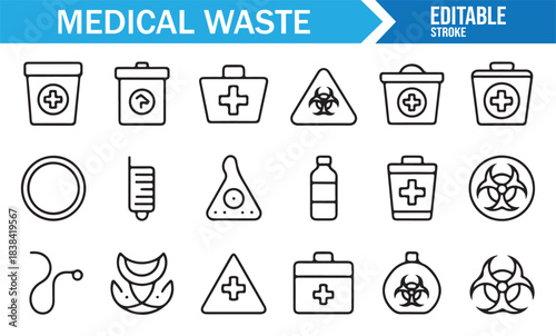 Laboratory Waste Icons Representing Toxic Materials, Sharps Disposal, Biohazard Signs, and Medical Containers