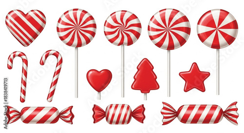 A collection of red and white striped christmas candies, lollipops, and wrapped sweets isolated on white background