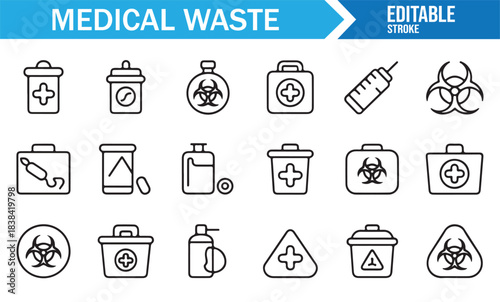Vector Icon Pack of Biological Waste Elements Featuring Hazard Symbols, Vials, Containers, and Sharps