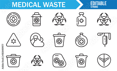 Healthcare Waste Management Icons Showing Biohazard Bins, Syringes, Sharps, and Hazardous Materials