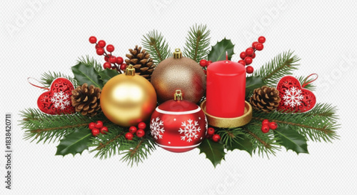 A festive christmas centerpiece arrangement with ornaments, pine cones, red berries, holly leaves, and a red candle, isolated on white background