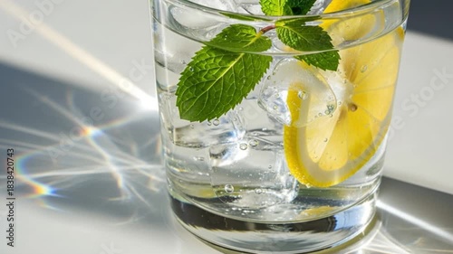 Glass of fresh water with lemon, mint and ice, close-up.