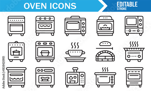 Cooking Equipment Vector Icons Featuring Ovens, Steamers, Pots, and Heat Elements
