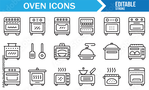 Comprehensive Oven Icon Set for Cooking, Heating, Baking, and Kitchen Appliance Graphics