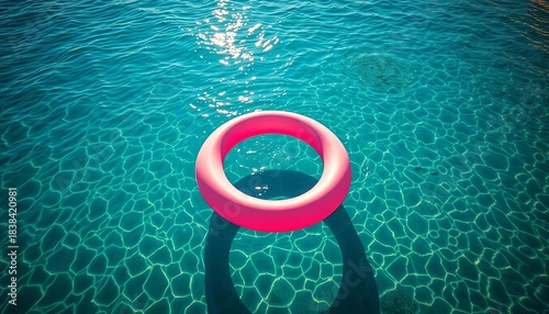 Fototapeta Naklejka Na Ścianę i Meble -  Aerial view of a pink swim ring floating in clear blue Aegean sea with a school of fish, sandy beach at golden sunset in a Greek summer landscape,  travel,  swim ring