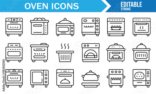 Clean Stroke Icons Representing Various Oven Types, Kitchen Tools, and Cooking Equipment