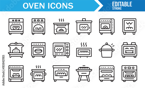 Minimalist Cooking Appliance Icons Featuring Ovens, Pots, Heat Lines, and Food Preparation Symbols