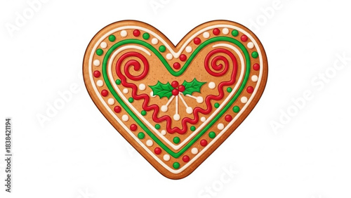 Heart shaped gingerbread cookie with festive Christmas icing a sweet holiday treat for baking and celebration isolated on white