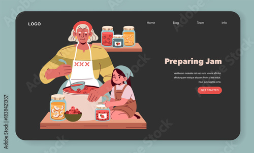 Child and Elderly Woman Making Jam Vector Illustration