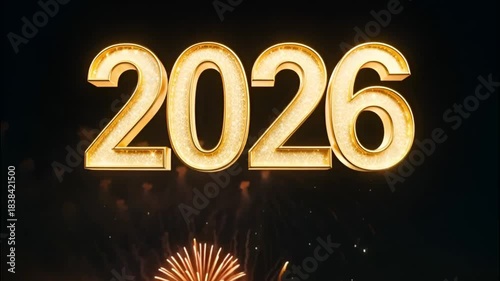 Happy New Year 2026. Gold 2026 text with firework celebration