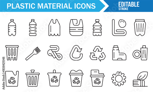 Eco-Friendly Recycling Icons Featuring Plastic Bottles, Bags, Jugs, Waste Containers, and Symbols