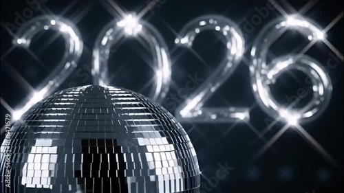 Glittering New Year's Eve celebration with a disco ball and the year 2026 displayed