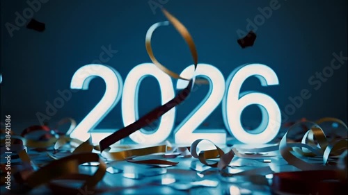 New Year concept 2026. This festive image captures the upcoming year with celebratory ribbons and confetti