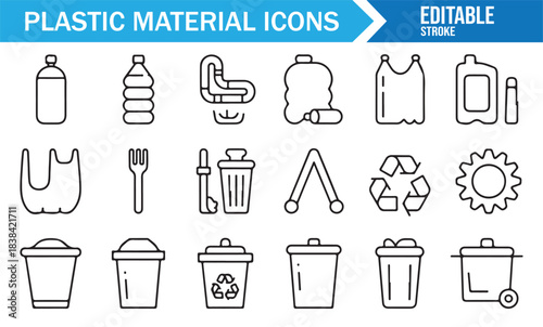 Minimalist Plastic Material Icons Including Packaging Shapes, Jugs, Containers, and Eco Waste Elements