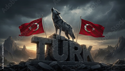 Mystical Turk Symbolism: A captivating artistic rendition showcases a majestic wolf perched atop a monument bearing the word TÜRK, flanked by the nation's flags, set against a dramatic sky.