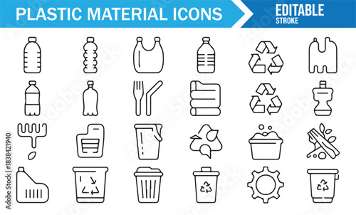 Recycling and Plastic Material Line Icons Featuring Waste Bins, Packaging, Containers, and Eco Symbols
