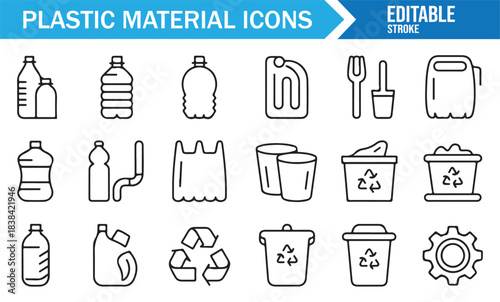Editable Stroke Vector Icons Representing Plastic Bottles, Cups, Jugs, Bags, and Recycling Elements
