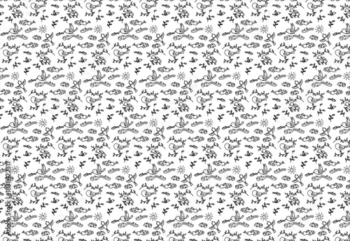 Artistic background design pattern depicting birds, cloud and sun habitat, symbol of natural beauty, suitable for World Bird Day celebration design with minimalist black and white outline nuances