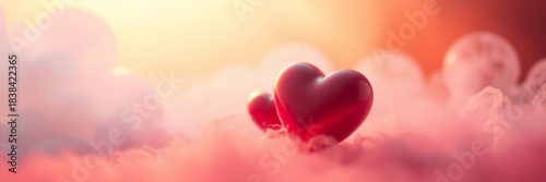 Romantic Hearts in Clouds, Valentine wide panoramic background, 3d close-up