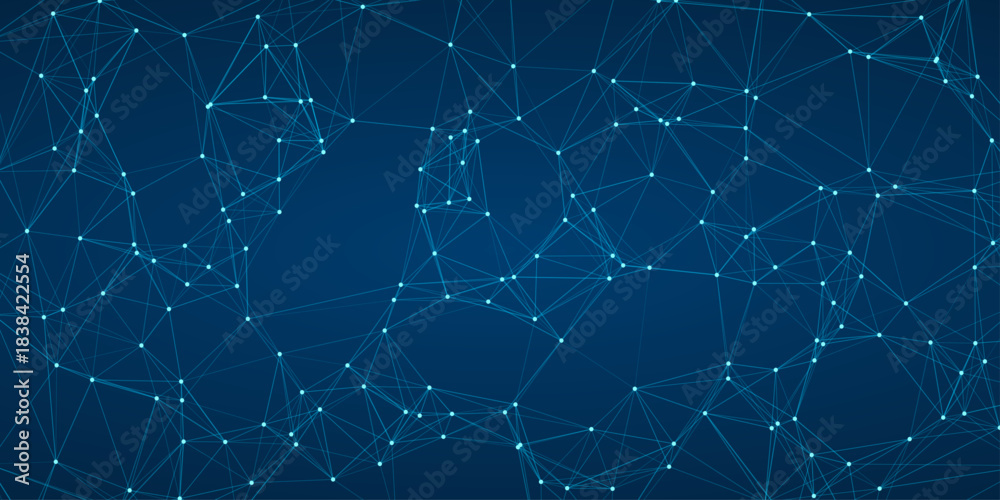 Obraz premium Vibrant blue abstract network of interconnected nodes and lines creating a dynamic digital web pattern on a deep blue background, ideal for technology and science themes 