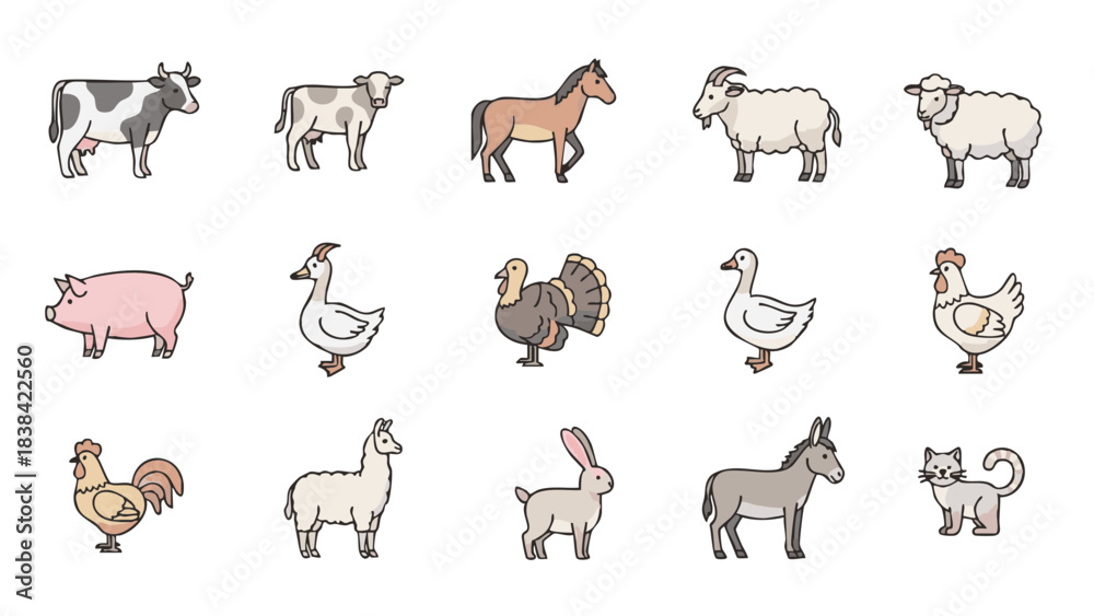 Fototapeta premium Flat vector set of 15 outlined farm animals with soft color fills including cow, calf, horse, sheep, goat, pig, duck, goose, turkey, chicken, rooster, llama, rabbit, donkey and barn cat