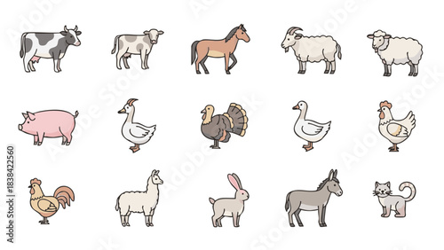 Flat vector set of 15 outlined farm animals with soft color fills including cow, calf, horse, sheep, goat, pig, duck, goose, turkey, chicken, rooster, llama, rabbit, donkey and barn cat