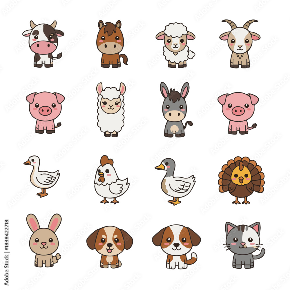 Naklejka premium Cute flat kawaii vector set of 15 farm animals including cow, horse, sheep, goat, pig, llama, donkey, goose, duck, turkey, chicken, rooster, rabbit, dog and cat, isolated on white background