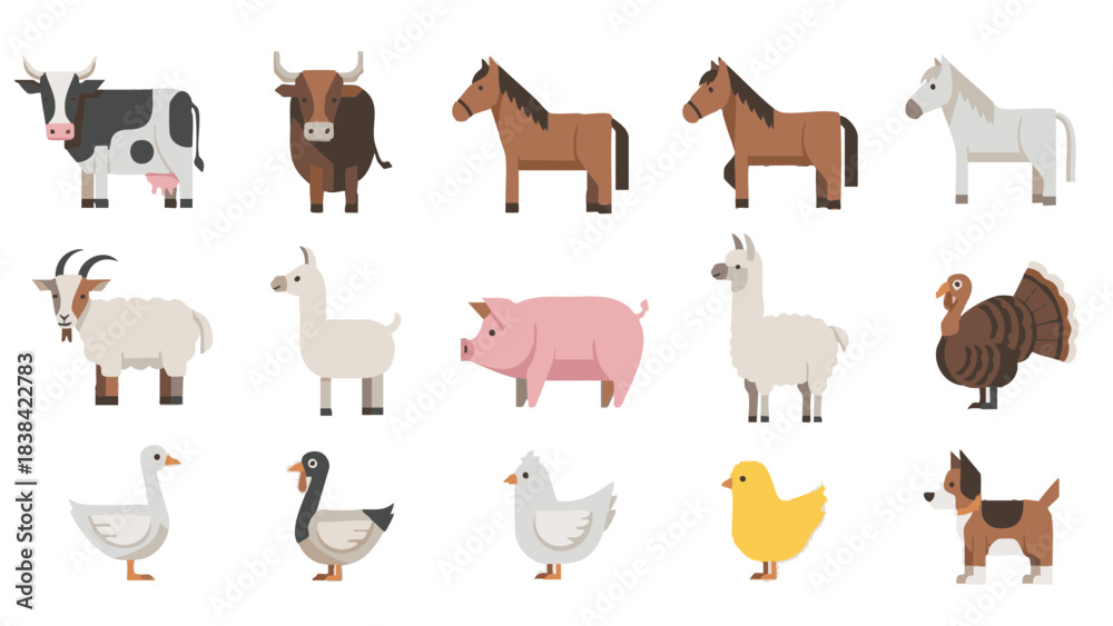 Fototapeta premium Minimal geometric flat vector set of 15 farm animals including cow, bull, horse, sheep, goat, pig, llama, alpaca, turkey, goose, duck, hen, chick and dog, isolated on white background