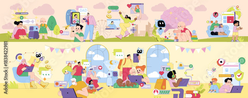 Technology and Interaction in Everyday Life Vector Illustration