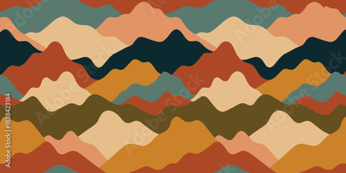 Abstract Landscape of Wavy Mountain Ridges in Warm Earthy Tones and Teal mountains hills