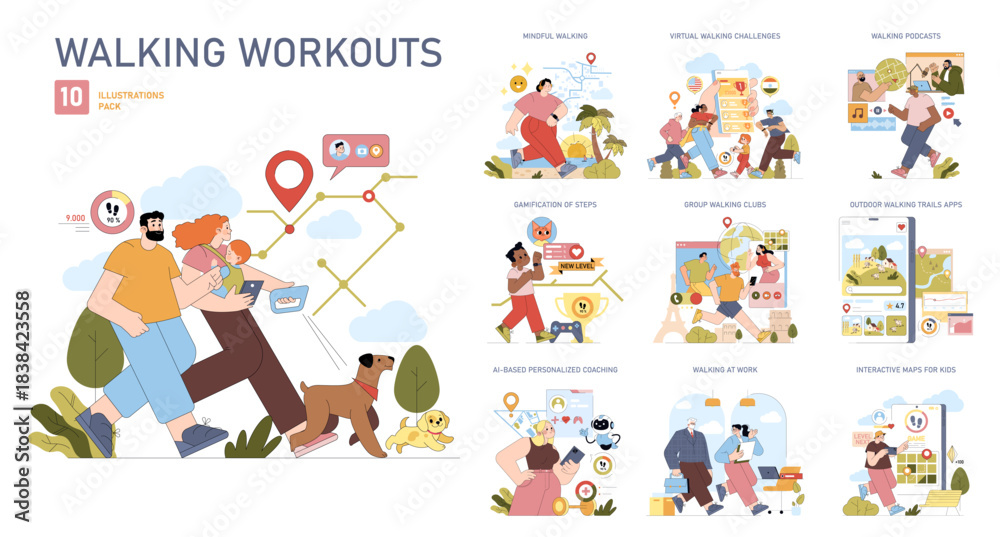 Fototapeta premium Walking Workouts Illustrations Pack with Activities