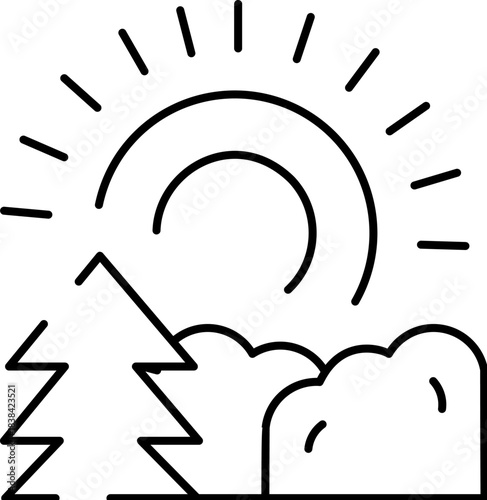 Minimalist sun rising over a simple forest landscape