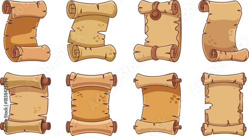 Watercolor parchment scroll, hand drawn manuscript papyrus paper, magic medieval vintage sheet roll. Empty antique game menu banner, document grunge torn edge, ancient pirate map. Parchment scroll set