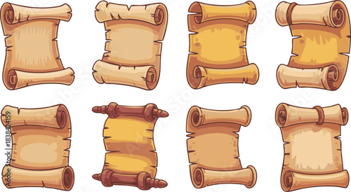 Watercolor parchment scroll, hand drawn manuscript papyrus paper, magic medieval vintage sheet roll. Empty antique game menu banner, document grunge torn edge, ancient pirate map. Parchment scroll set