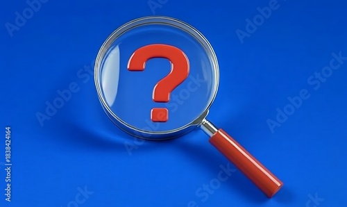 Looking closer at question mark through magnifier on blue background concept