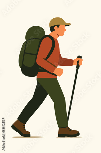 Hiker carrying backpack – trekking and travel vector illustration
